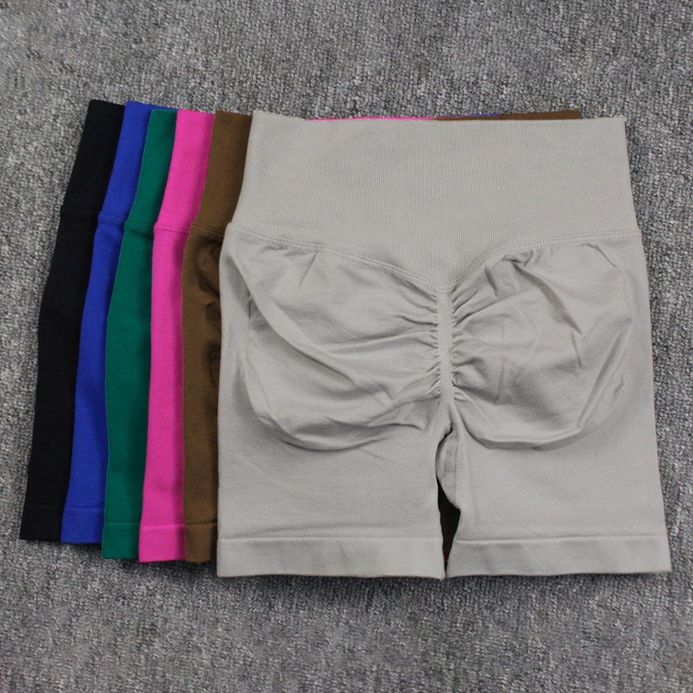 Seamless Pleated Peach Hip Yoga Pants Women's High Waist Tummy Control Stretch Summer Cycling Sports Running Fitness Shorts