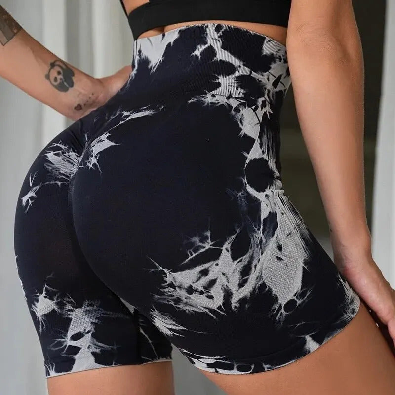 Seamless Tie Dye Sports Tight Three Piece Pants for External Wear Sexy Yoga Fitness Shorts for Women, High Waist Hip Lifting and