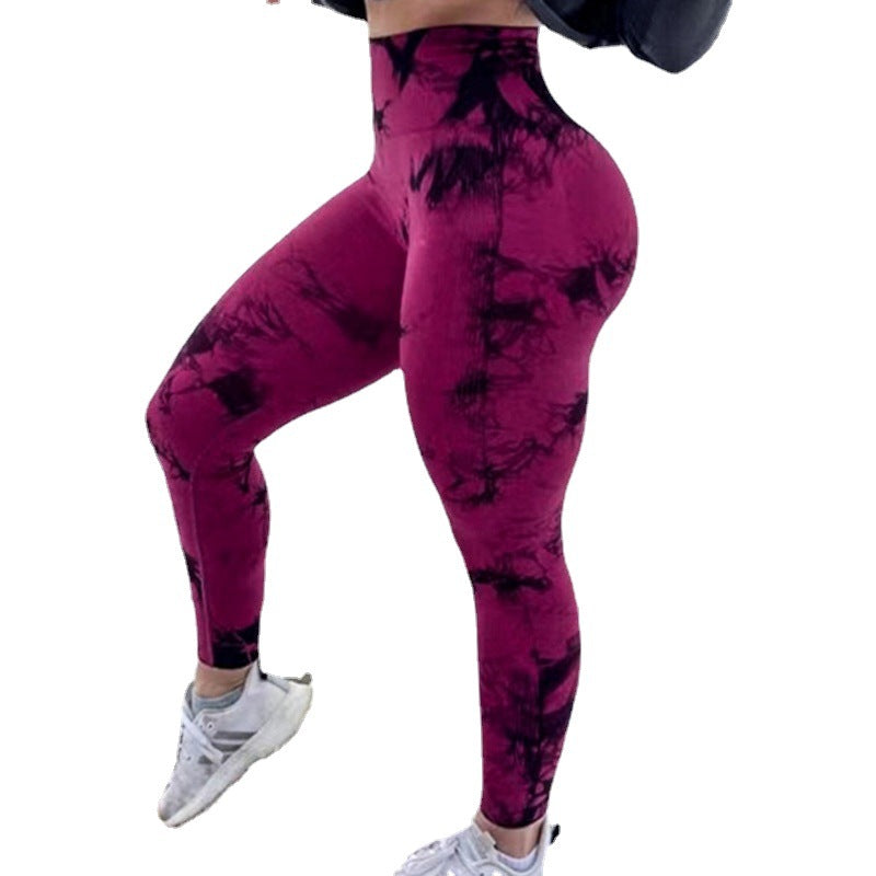 Cross-Border Amazon Hot Seamless Smiley Face Tie-Dye Yoga Pants High Waist Peach Hip Tights High Elasticity Workout Pants