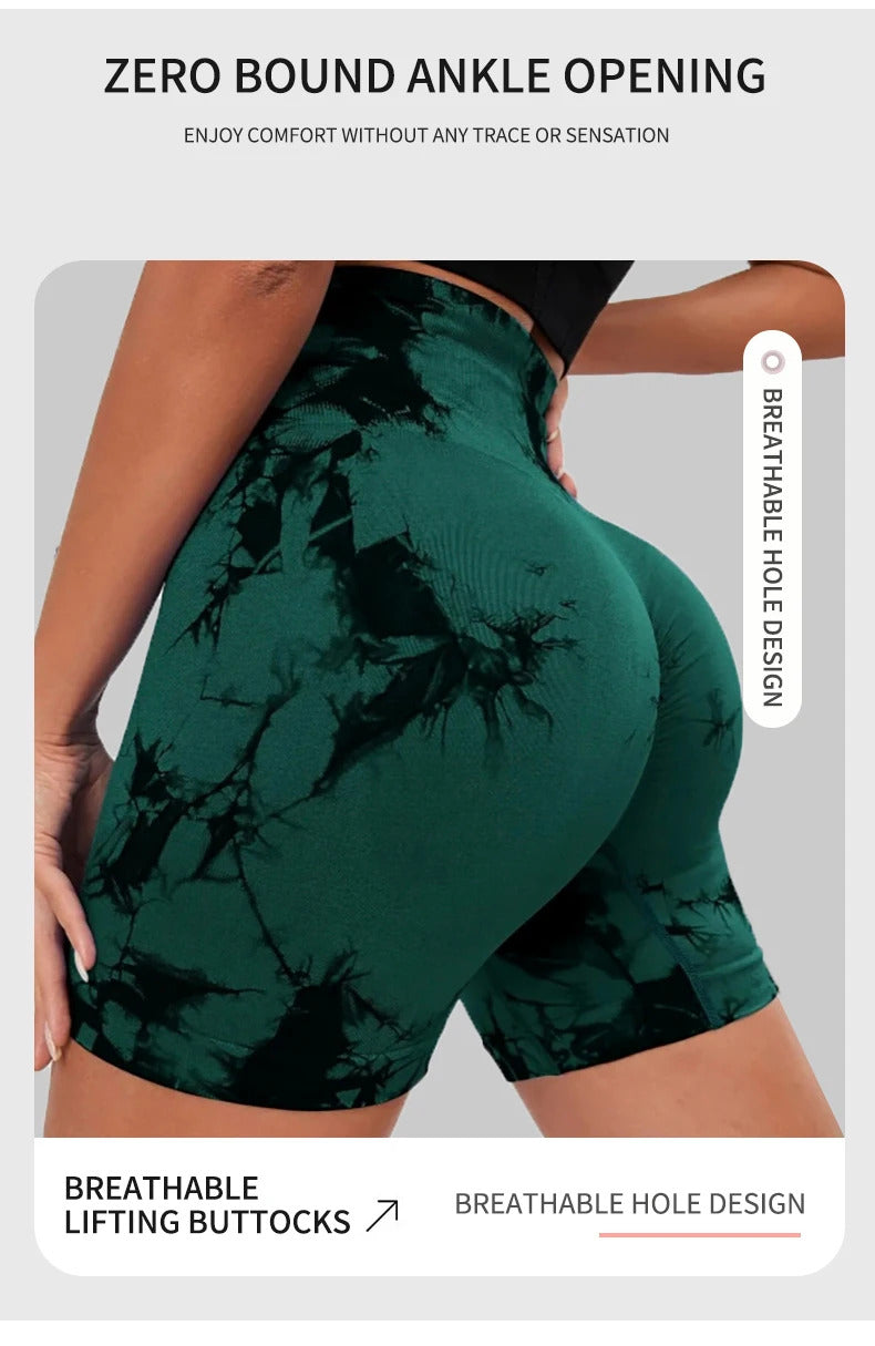 Seamless Tie Dye Sports Tight Three Piece Pants for External Wear Sexy Yoga Fitness Shorts for Women, High Waist Hip Lifting and
