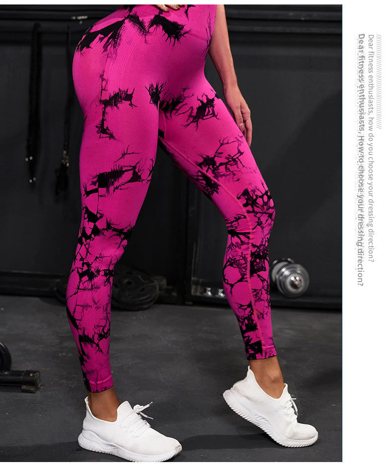 Cross-Border Amazon Hot Seamless Smiley Face Tie-Dye Yoga Pants High Waist Peach Hip Tights High Elasticity Workout Pants