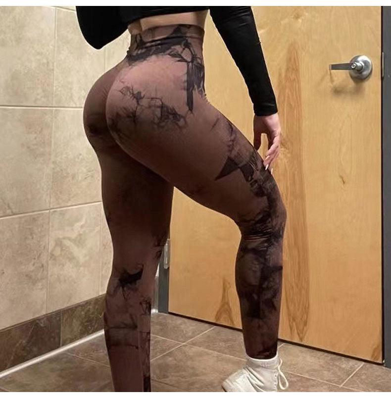 Cross-Border Amazon Hot Seamless Smiley Face Tie-Dye Yoga Pants High Waist Peach Hip Tights High Elasticity Workout Pants