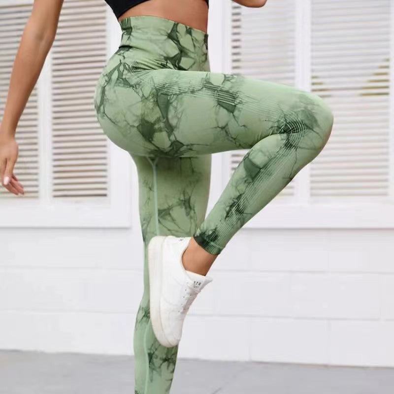Cross-Border Amazon Hot Seamless Smiley Face Tie-Dye Yoga Pants High Waist Peach Hip Tights High Elasticity Workout Pants