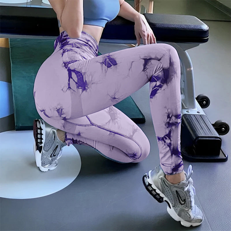 Cross-Border Amazon Hot Seamless Smiley Face Tie-Dye Yoga Pants High Waist Peach Hip Tights High Elasticity Workout Pants