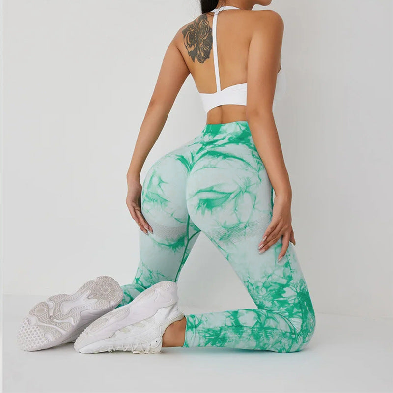Cross-Border Amazon Hot Seamless Smiley Face Tie-Dye Yoga Pants High Waist Peach Hip Tights High Elasticity Workout Pants