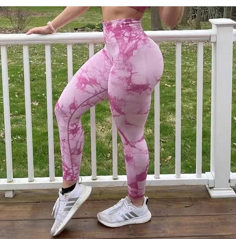 Cross-Border Amazon Hot Seamless Smiley Face Tie-Dye Yoga Pants High Waist Peach Hip Tights High Elasticity Workout Pants