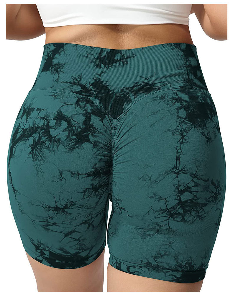 Seamless Tie-Dye Tech Peach Hip Fitness Yoga Running Pants for Women High Waist Butt-Lifting Tummy Control Quick-Dry Anti-Running Base Shorts